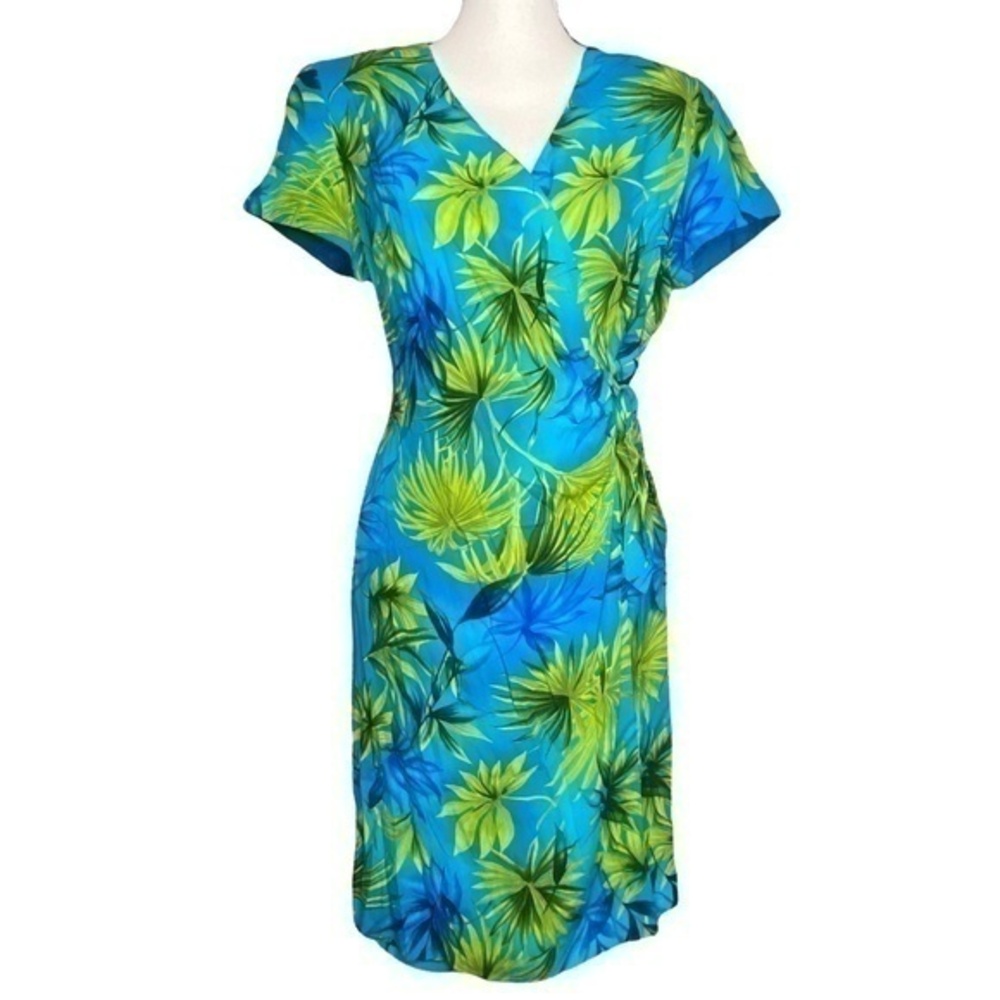Vintage Virgo Petite Wrap Dress Hawaiian Tropical Leaf‎ Print Short Sleeve Dress